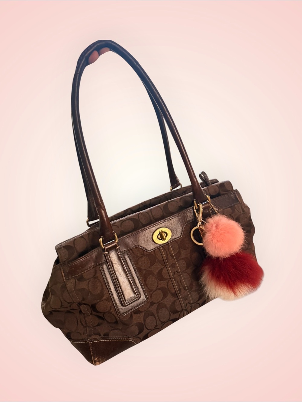 Coach Brown Signature Pattern Tote with Pink & Red Fur Pom Charm